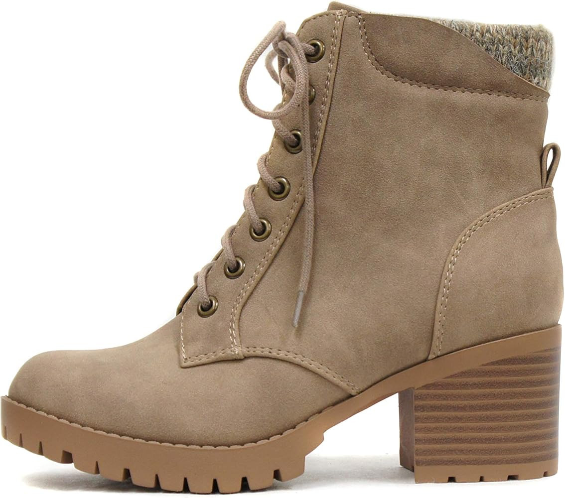 Single Lug Sole Chunky Heel Combat Ankle Boot Lace up w/Side Zipper | Amazon (US)