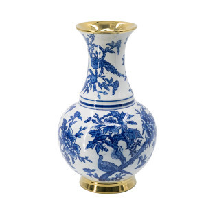 Large Chinoiserie Floral and Bird Porcelain Vase - 16" - White and Blue | Christmas Central