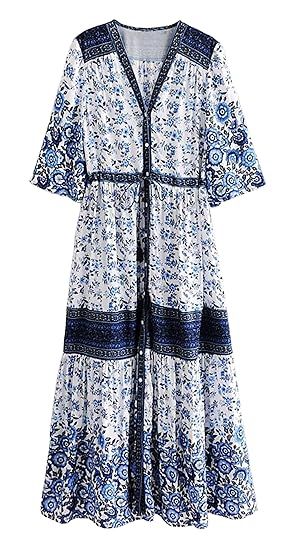 R.Vivimos Women Summer Cotton V Neck Buttons Floral Print Drawstring Bohemian Maxi Dresses | Amazon (US)