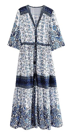 R.Vivimos Women Summer Cotton V Neck Buttons Floral Print Drawstring Bohemian Maxi Dresses | Amazon (US)