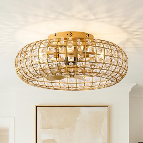19.7 Inch Gold Crystal Fandelier Ceiling Fan with Light and Remote Control | Amazon (US)