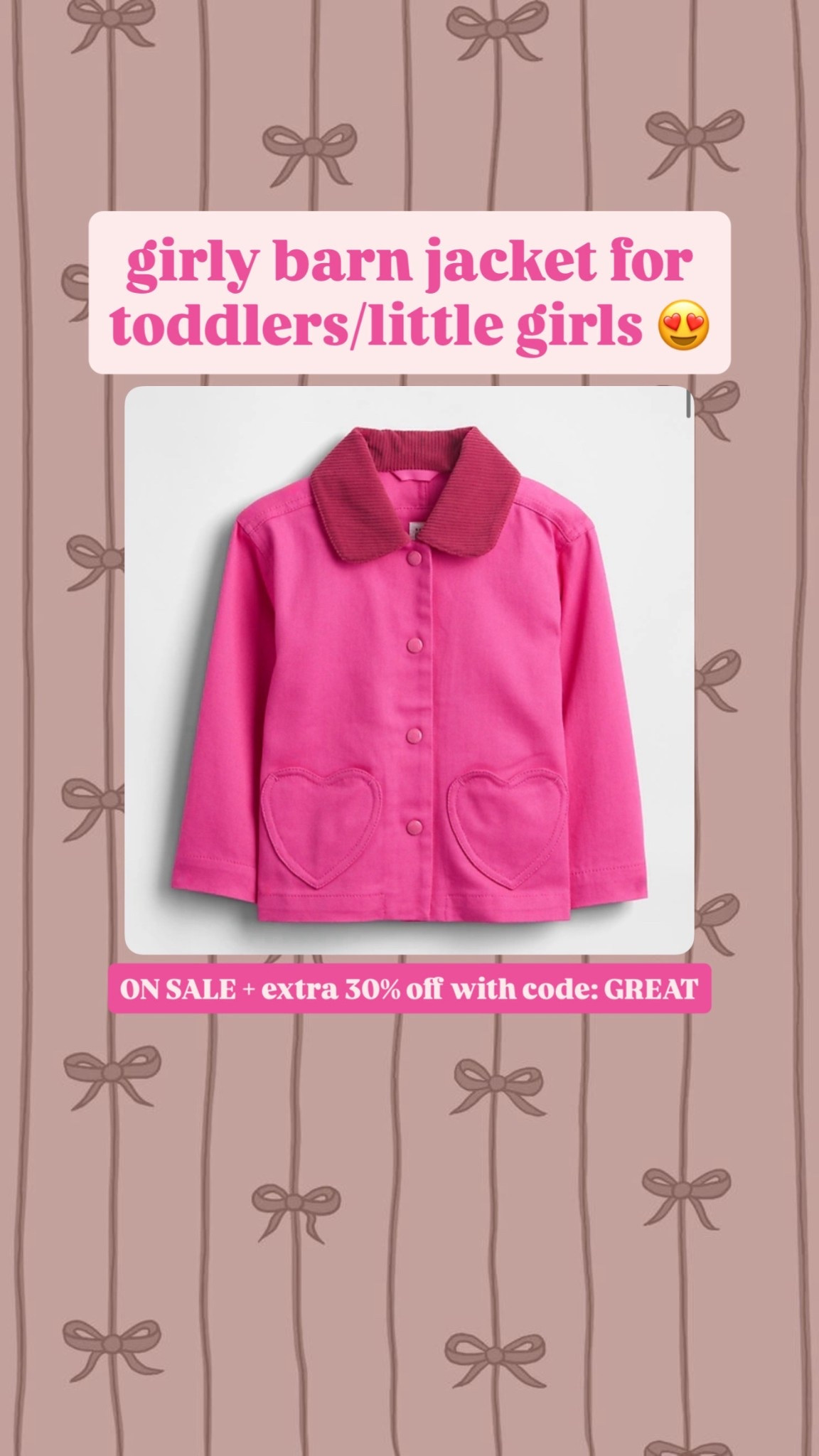 Toddler girls barn jacket from gap on sale + extra 30% off with code: GREAT 

#LTKSeasonal #LTKKids #LTKSaleAlert