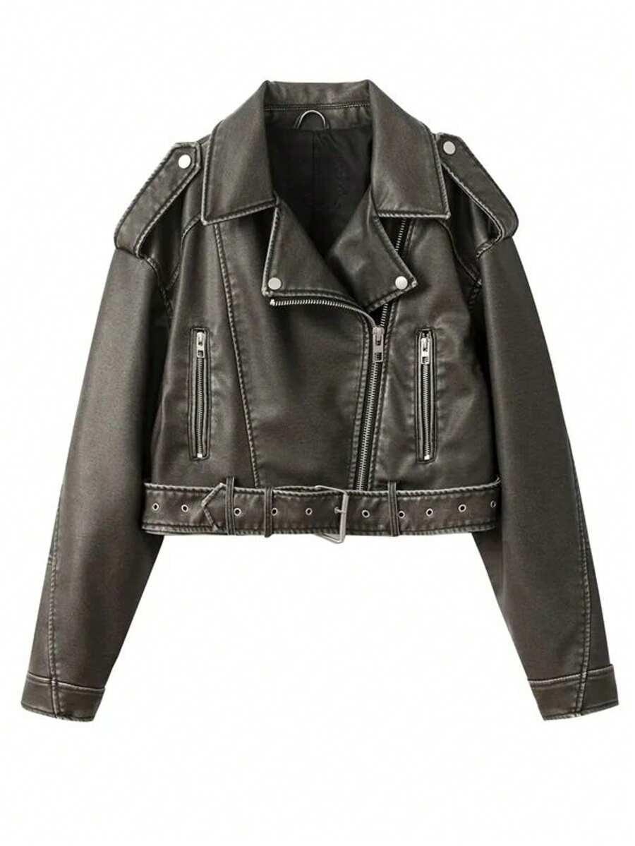 Vintage losse gewassen imitatieleren korte jas streetwear vrouwelijke rits riem motor biker retro... | SHEIN