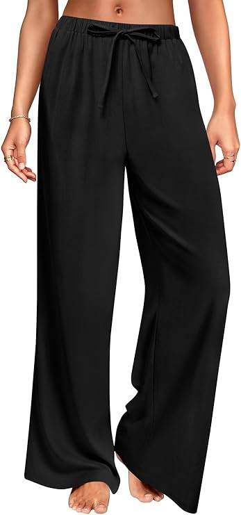 DLOODA Wide Leg Linen Pants for Women, Loose Flowy Palazzo Pants with Pockets Drawstring Trousers... | Amazon (US)