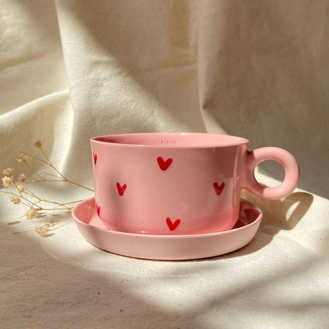 Ceramic Pink Red Heart Mug With Plate, Porcelain Cup, Handmade Coffee Tea Cup, Unique Gift for Co... | Etsy (US)
