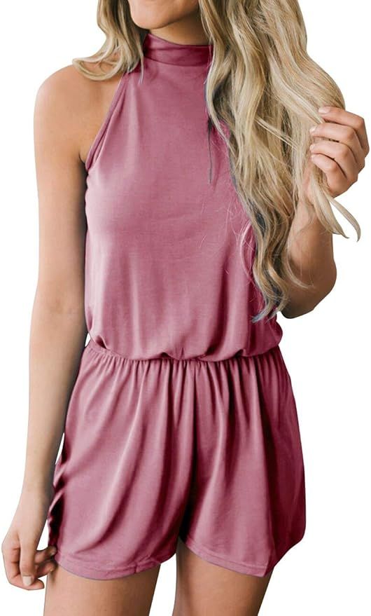 MEROKEETY Women's Summer Halter Neck Shorts Elastic Waist Solid Color Jumpsuit Rompers | Amazon (US)
