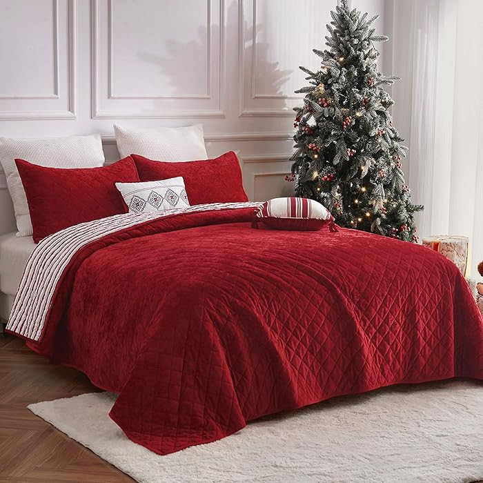 Wonderful Christmas Bedding, Luxury Red Velvet Quilt Set King Size, 5 Piece Striped Cotton Lightw... | Amazon (US)
