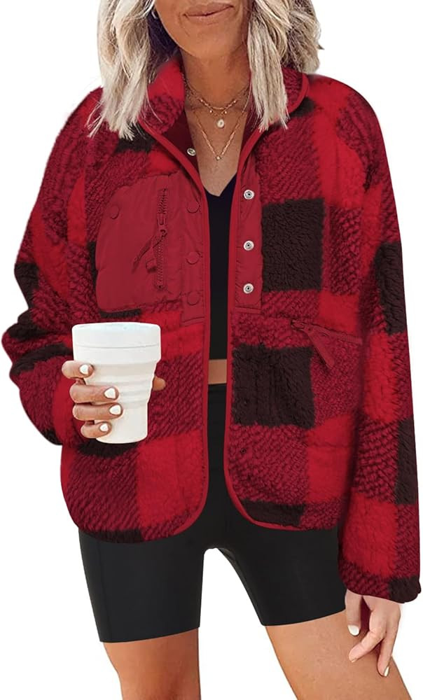 Nirovien Womens Fuzzy Fleece Jacket Button Down Shacket Casual Sherpa Coats Warm Outwear With Poc... | Amazon (US)