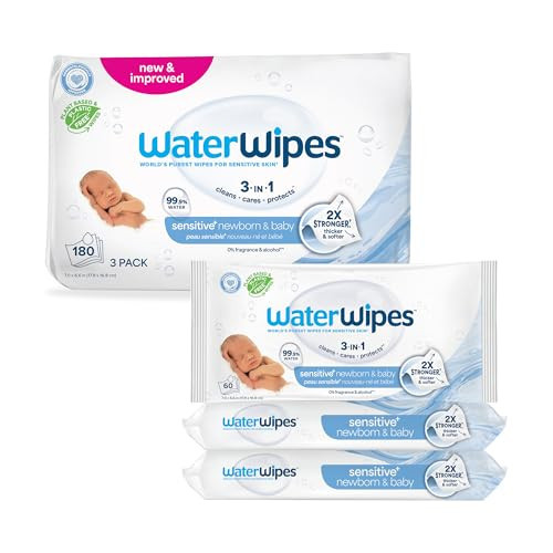 WaterWipes Sensitive+ Newborn & Baby Wipes, 3-In-1 Cleans, Cares, Protects, 99.9% Water, Unscented & Hypoallergenic, 180 Count (3 Packs) | Amazon (US)