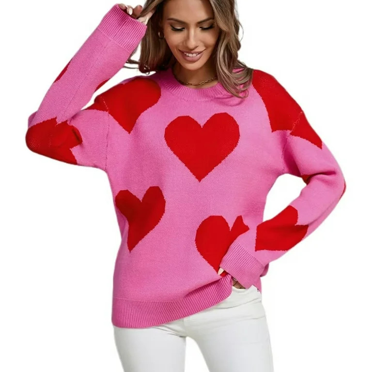Jjayotai Women's Pullover Sweaters, Round Neck Heart Printed Casual Long Sleeve Knit Sweater Vale... | Walmart (US)