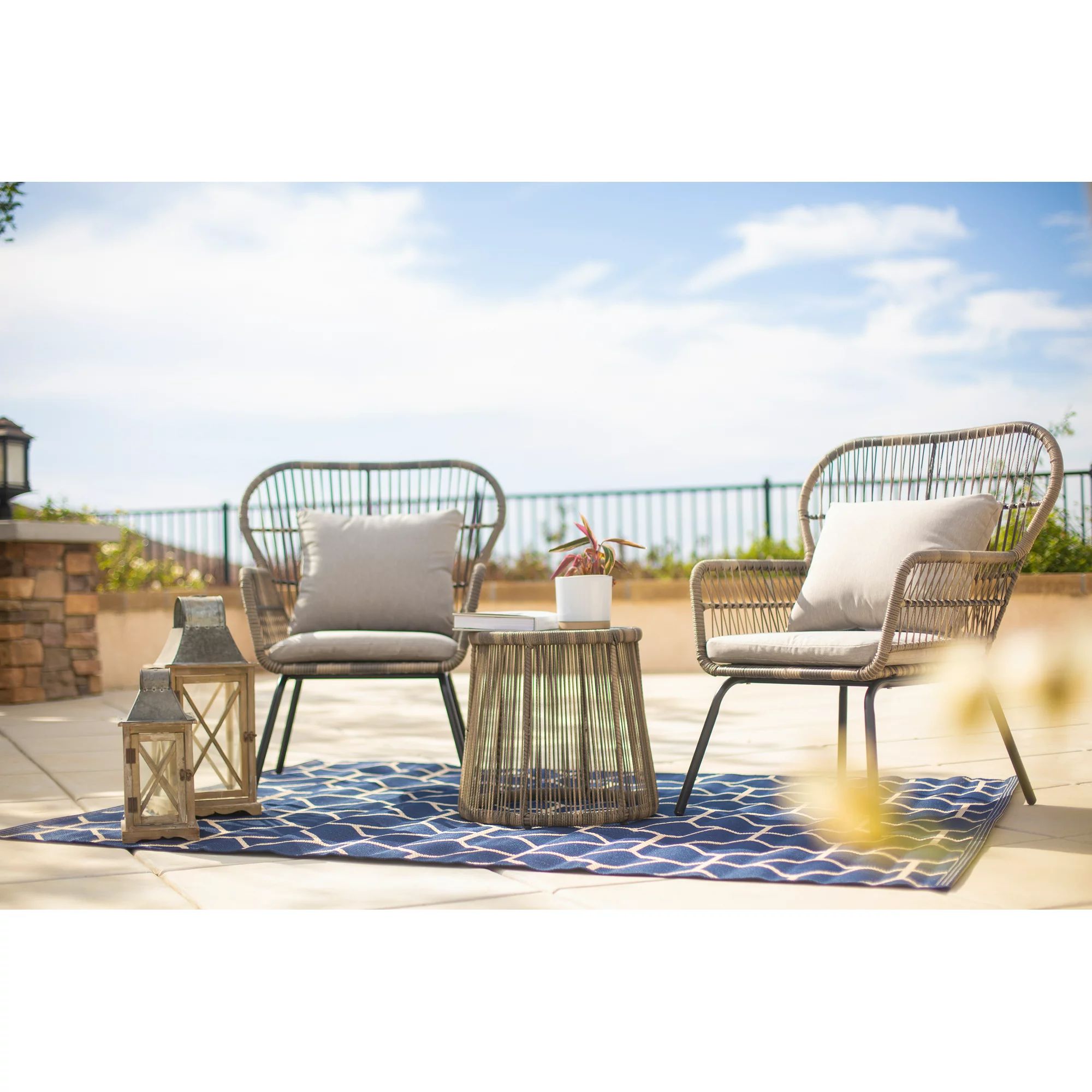 3 Pieces Outdoor Patio Bistro Wicker Chat 2 Chairs and Side Table with Cushion Seat | Walmart (US)