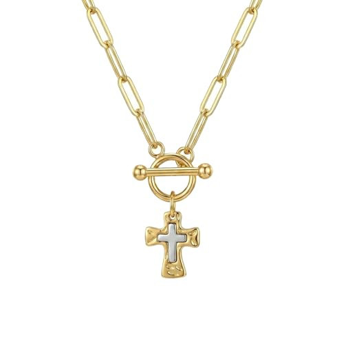 RINHOO Cross Necklace for Women 14K Gold Plated Two Tone Gold Silver Pendant with Chunky Paperclip Link Chain Front Toggle Clasp Religious Christian Jewelry (Gold Chain-Gold Cross) | Amazon (US)