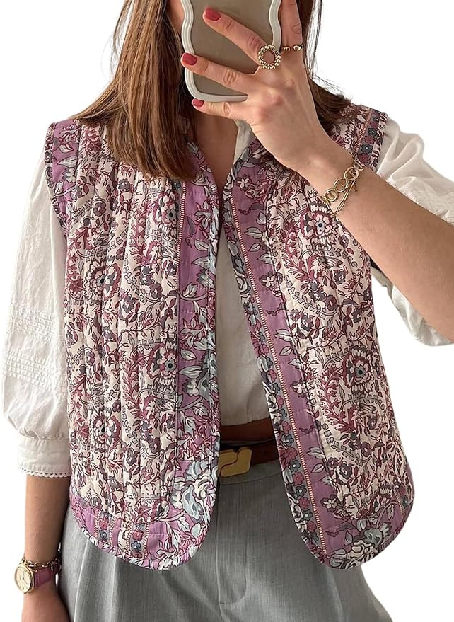 Yimoon Women's Cropped Puffer Vest Floral Print Lightweight Sleeveless Quilted Jacket Open Front ... | Amazon (US)