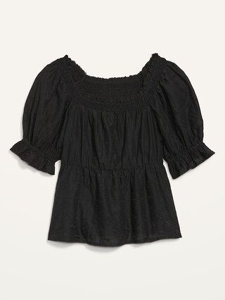 Puff-Sleeve Smocked Embroidered Babydoll Blouse for Women | Old Navy (US)