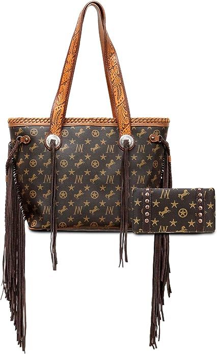 Montana West Fringe Leather Shoulder Bag Wallet Set For Women Embossed Tote Bag Western Cowgirl S... | Amazon (US)