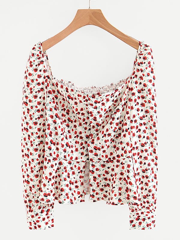 Blouse imprimée à ourlet volanté plissée au dos | SHEIN