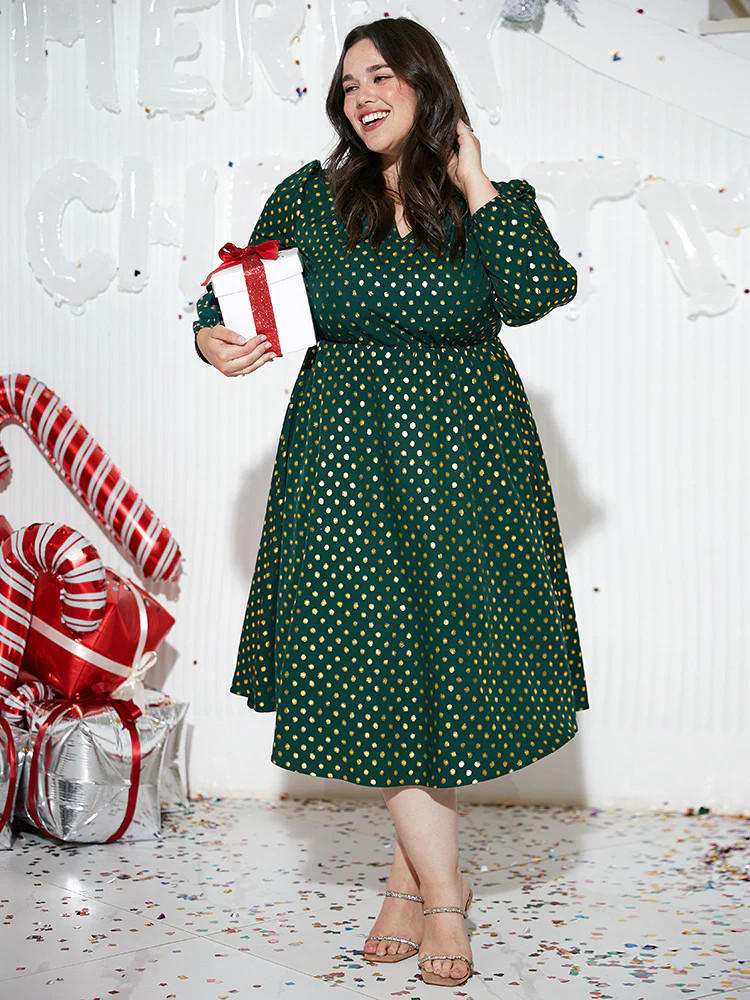 Glitter Polka Dot Notched Elastic Cuffs Dress | Bloomchic