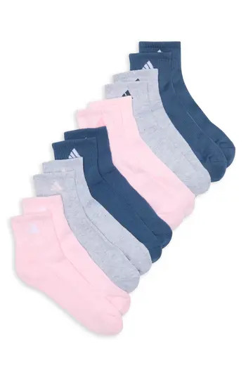 adidas Athletic Cushioned Assorted 6-Pack Quarter Socks in Cool Light Heather/Pink/Blue at Nordstrom Rack, Size Medium | Nordstrom Rack