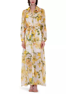 Julia Jordan Women's Long Sleeve Floral Long Shirtdress, Yellow, 4 | Belk