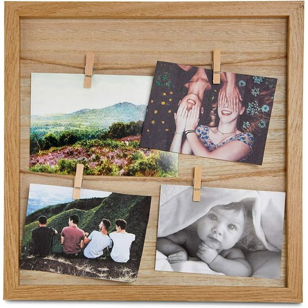 Juvale Square Wooden Hanging Collage Picture Photo Frame Holder Wall Decor 12"x12" with 4 Clips | Walmart (US)