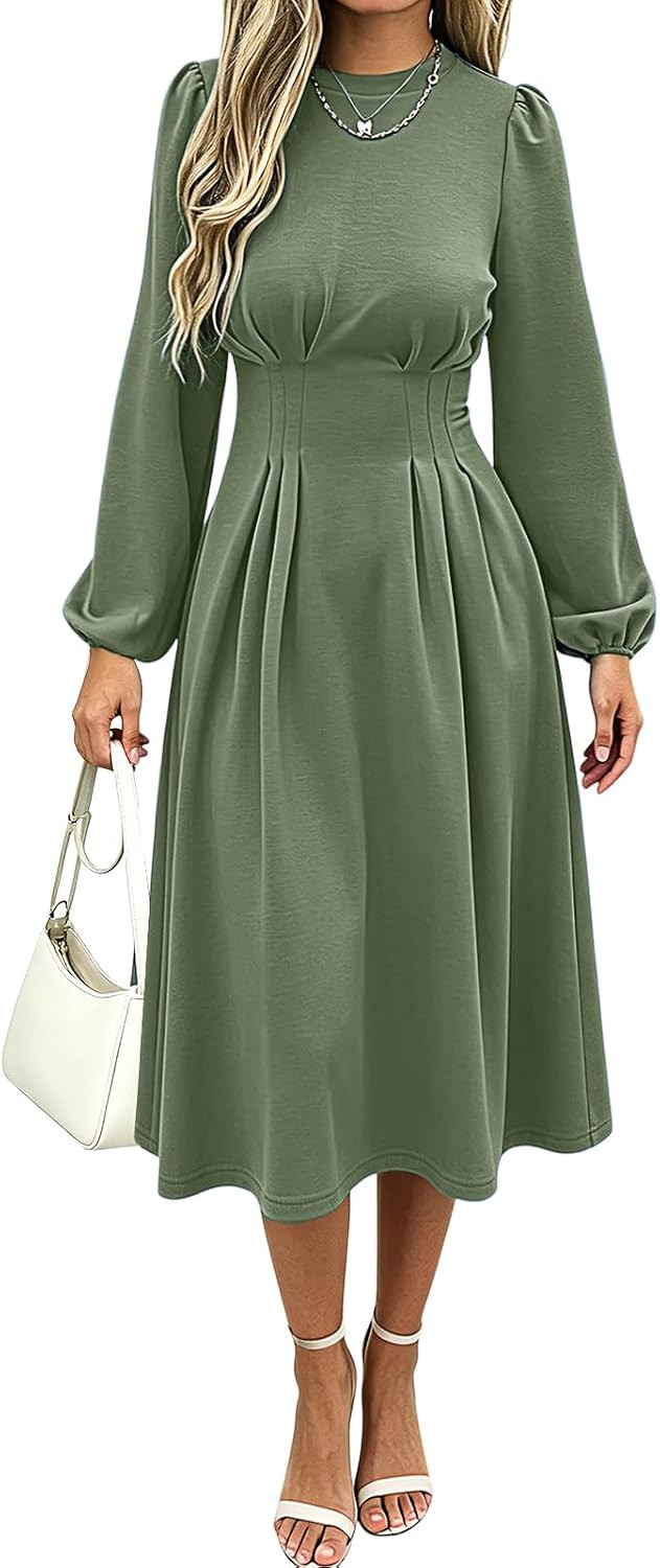 Women's Long Lantern Sleeve A Line Midi Casual Work Dresses | Amazon (US)