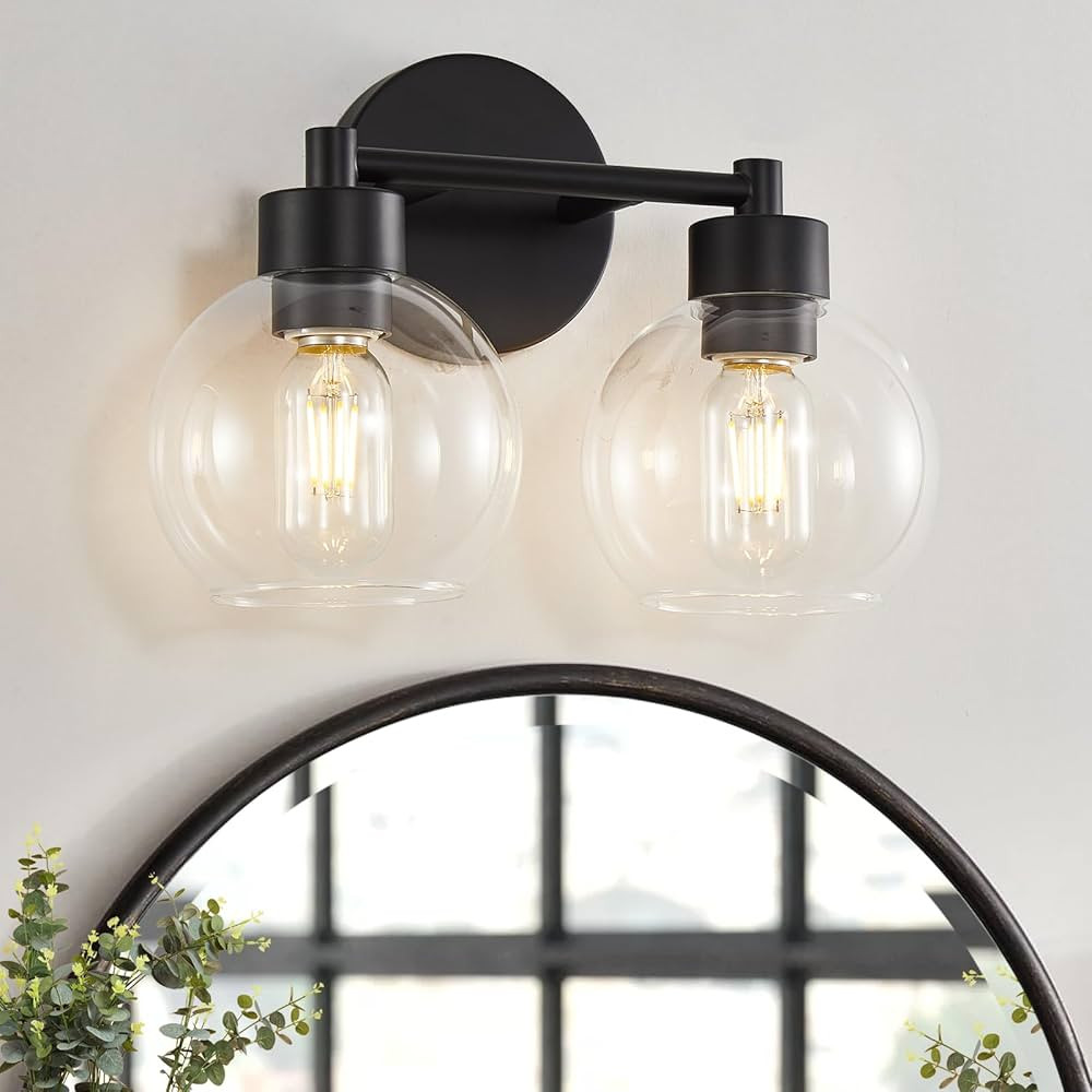 Black Bathroom Light Fixtures, 2 Lights Bathroom Vanity Light Black Round Finish,Clear Globe Glas... | Amazon (US)