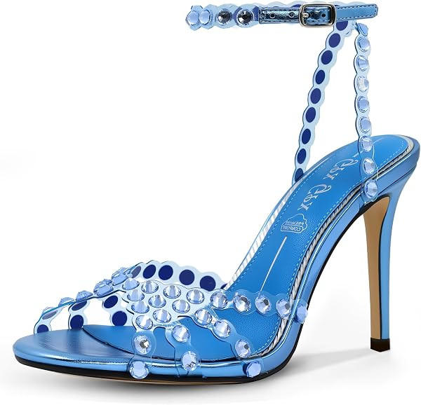 Rhinestone Sandals for Women High Clear Strappy Buckle Stiletto Heels Round Toe Sexy Dressy Sanda... | Amazon (US)
