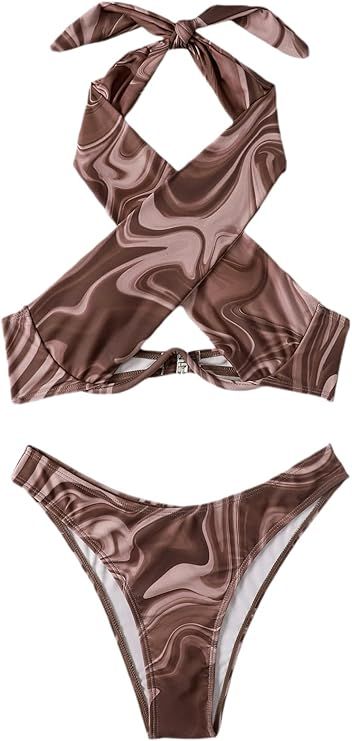 SheIn Women's 2 Piece Allover Print Swimsuit Criss Cross Cut Out Push Up Bikini Set Tie Halter Ba... | Amazon (US)