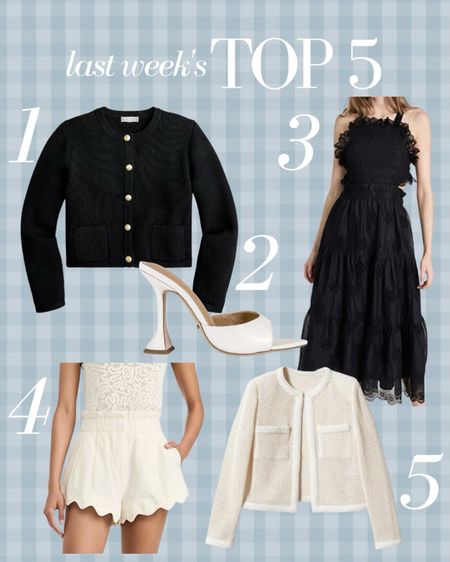 Last week’s top 5 best sellers! The best lady jacket, cute spring heels, a black dress for spring, flattering scallop shorts and another lady jacket that’s cute for layering over spring dresses 

#LTKFind #LTKstyletip #LTKSeasonal