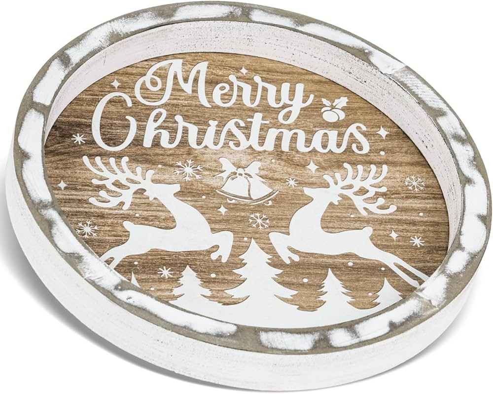 Putuo Decor Round Christmas Serving Tray Christmas Decorations for Home Rustic Decorative Wooden ... | Amazon (US)