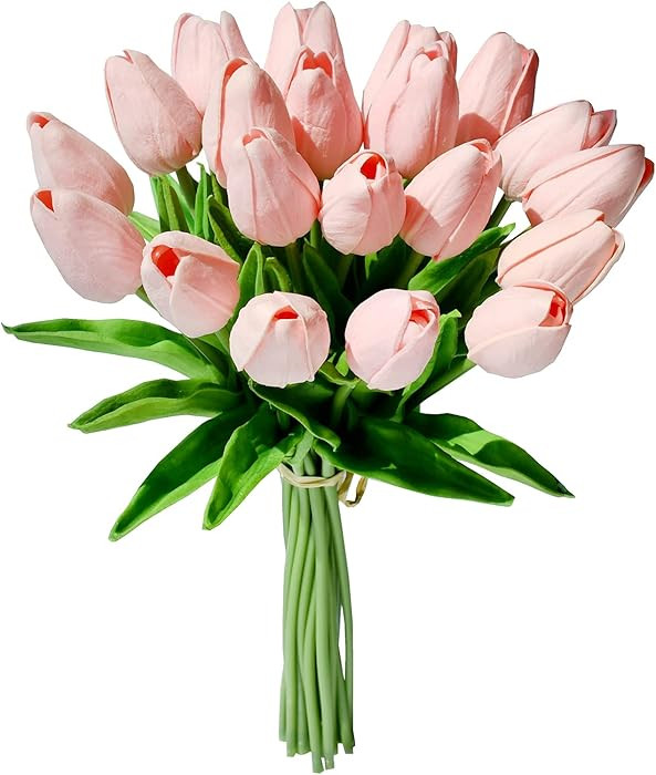Mandy's Artificial Tulips 20 Stems Light Pink PU Faux Flowers for Valentine's Day and New Year De... | Amazon (US)