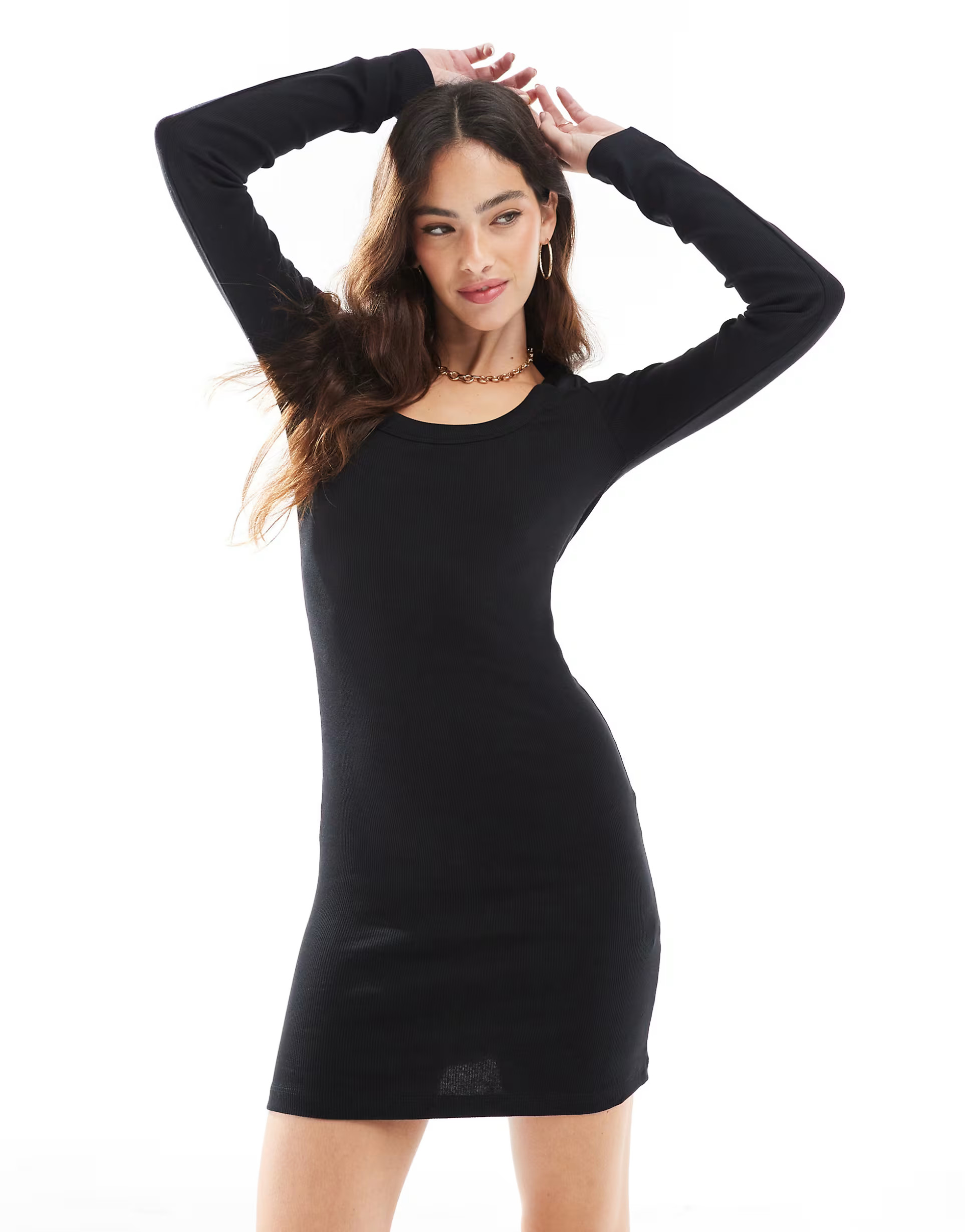 ASOS DESIGN ribbed long sleeve scoop neck mini dress in black | ASOS (Global)