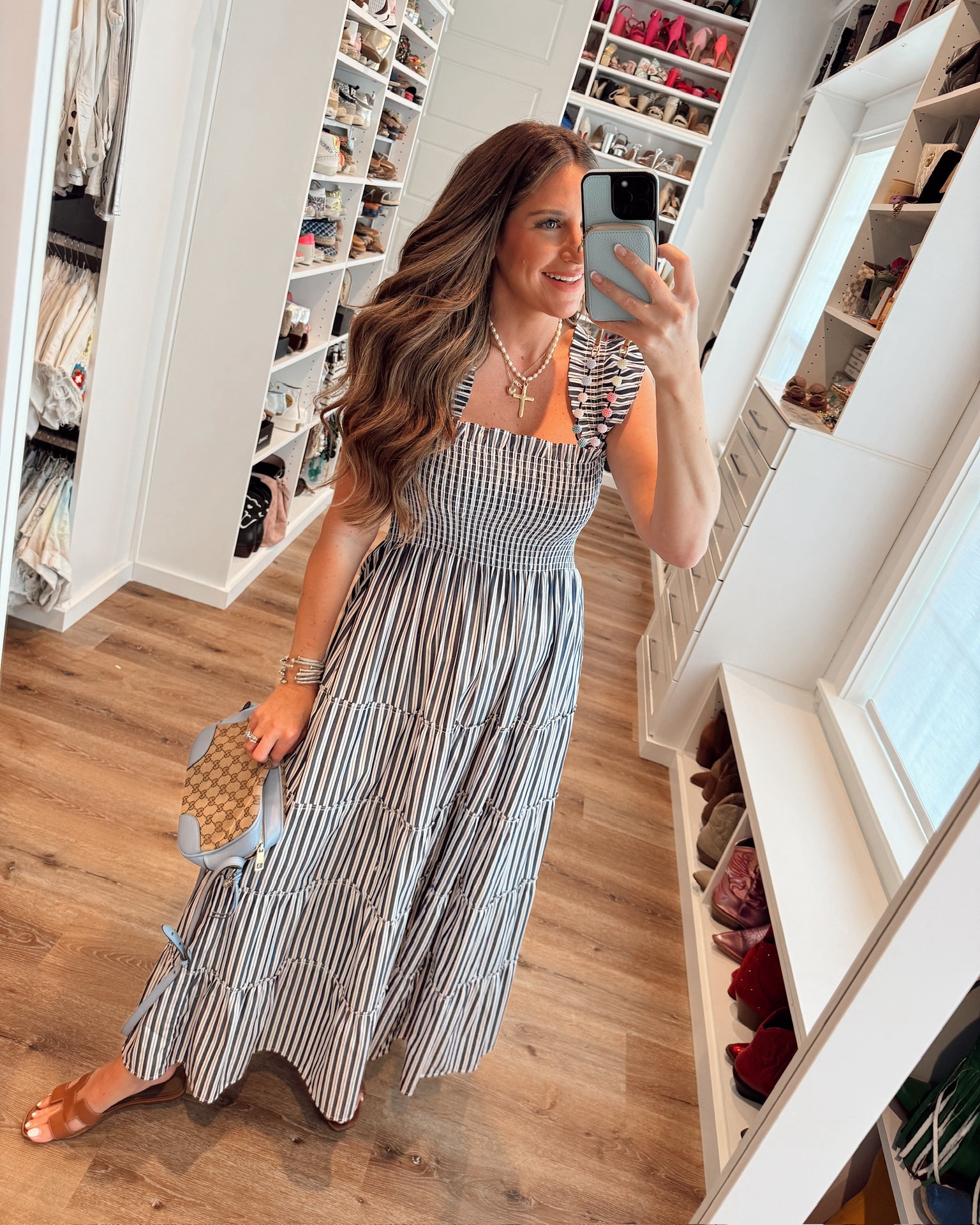 In a small Hill House Ellie nap dress, sandals and accessories - fits tts.

#LTKStyleTip #LTKSeasonal