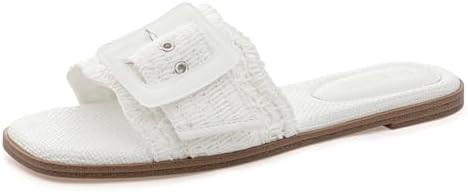 Rihero Women's Raffia Flat Sandals Square Open Toe Summer Beach Slip On Woven Buckle Slide Sandal... | Amazon (US)