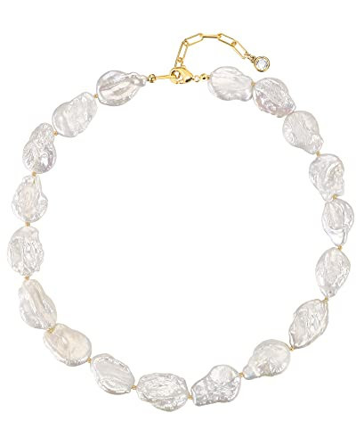 Besalon Baroque Pearl Necklaces White Real Freshwater Cultured Big Flat Pearls Necklace for Women Irregular Shaped Pearl Wedding Christmas Gifts 24-26MM Pearl | Amazon (US)