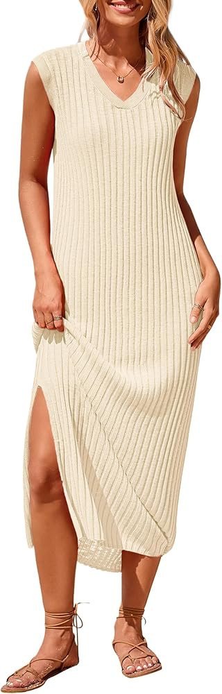 PRETTYGARDEN Women's 2025 Summer Casual Maxi Dresses Ribbed Knit Sleeveless V Neck 2 Piece Outfit... | Amazon (US)