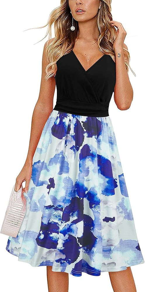 GOOTUCH Women's V Neck Dresses Adjustable Spaghetti Strap Floral Casual Beach Party Swing Dress with | Amazon (US)