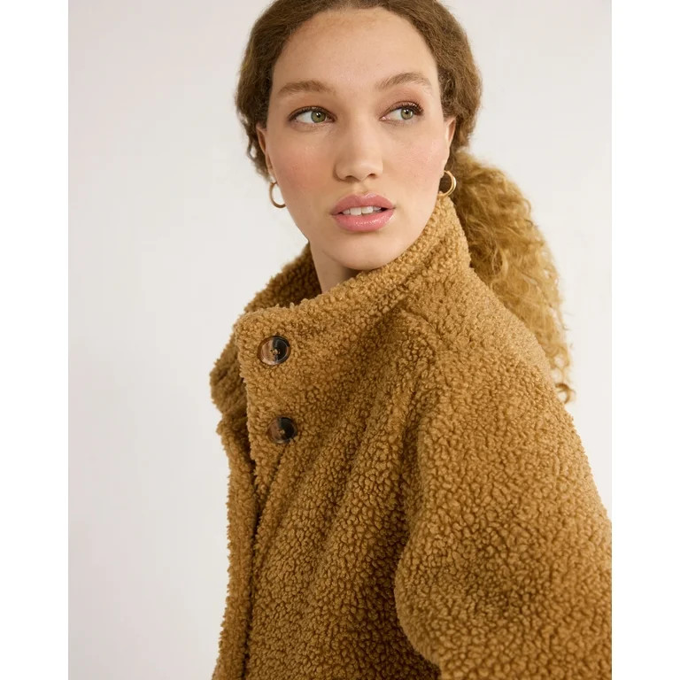Time and Tru Women's and Women's Plus Teddy Fleece Coat with Funnel Neck, Sizes XS-3X | Walmart (US)