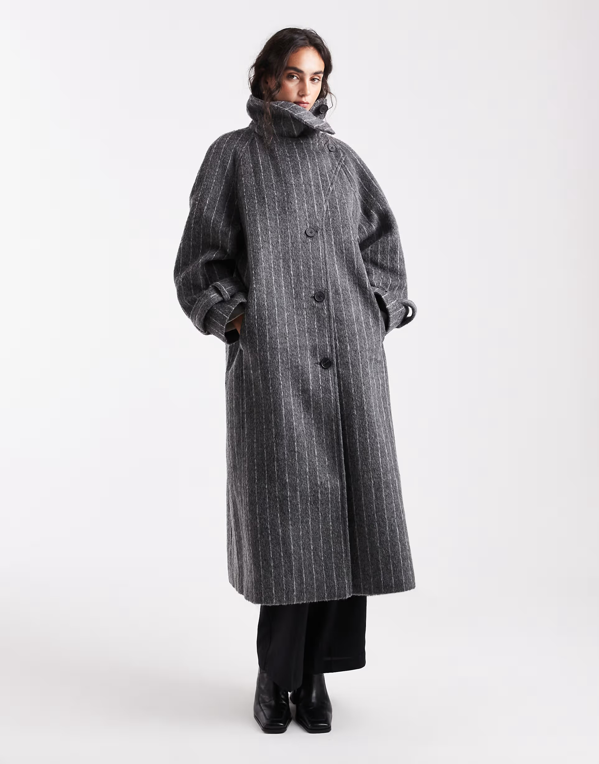 ASOS DESIGN longline wool blend funnel neck coat in grey pinstripe | ASOS (Global)