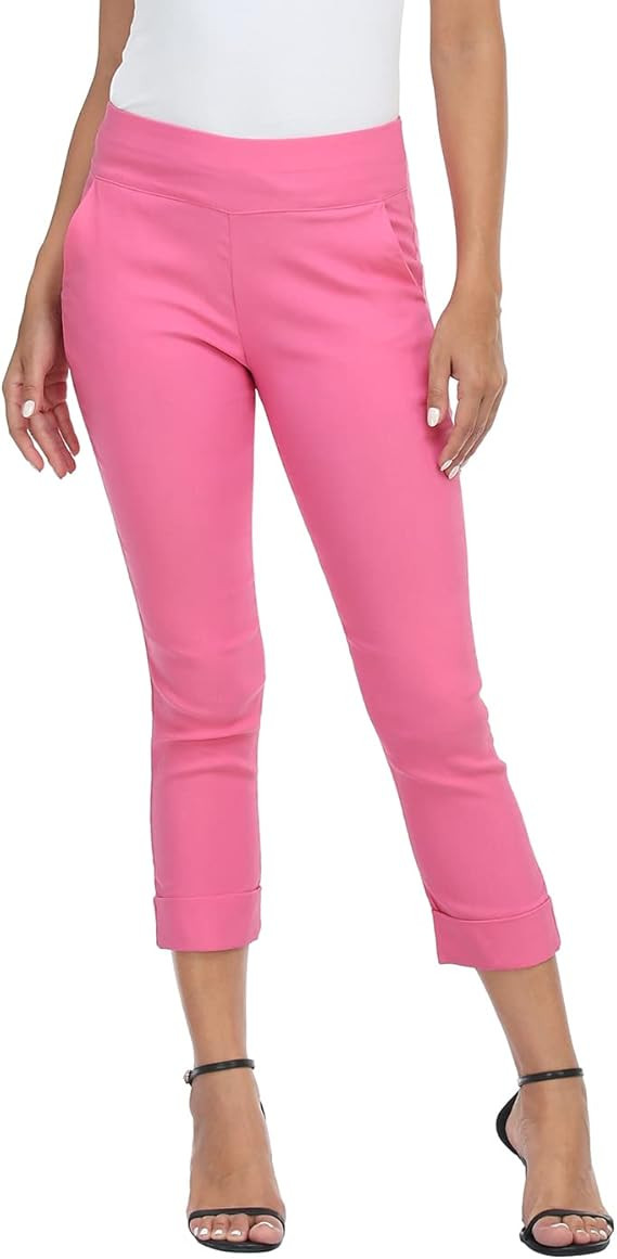 HDE Pull On Capri Pants for Women with Pockets Elastic Waist Cropped Work Pants | Amazon (US)