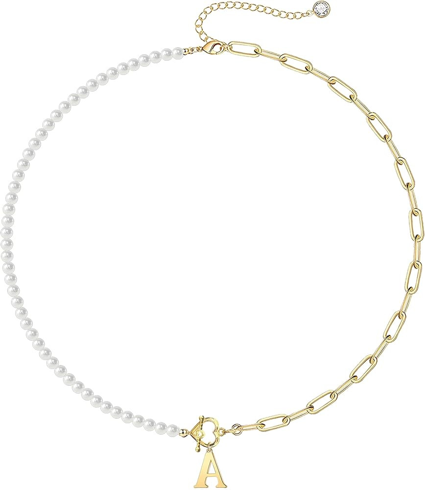 Initial Gold Pearl Necklaces for Women Trendy, 14K Gold Plated Dainty Paperclip Chain Necklace Ha... | Amazon (US)
