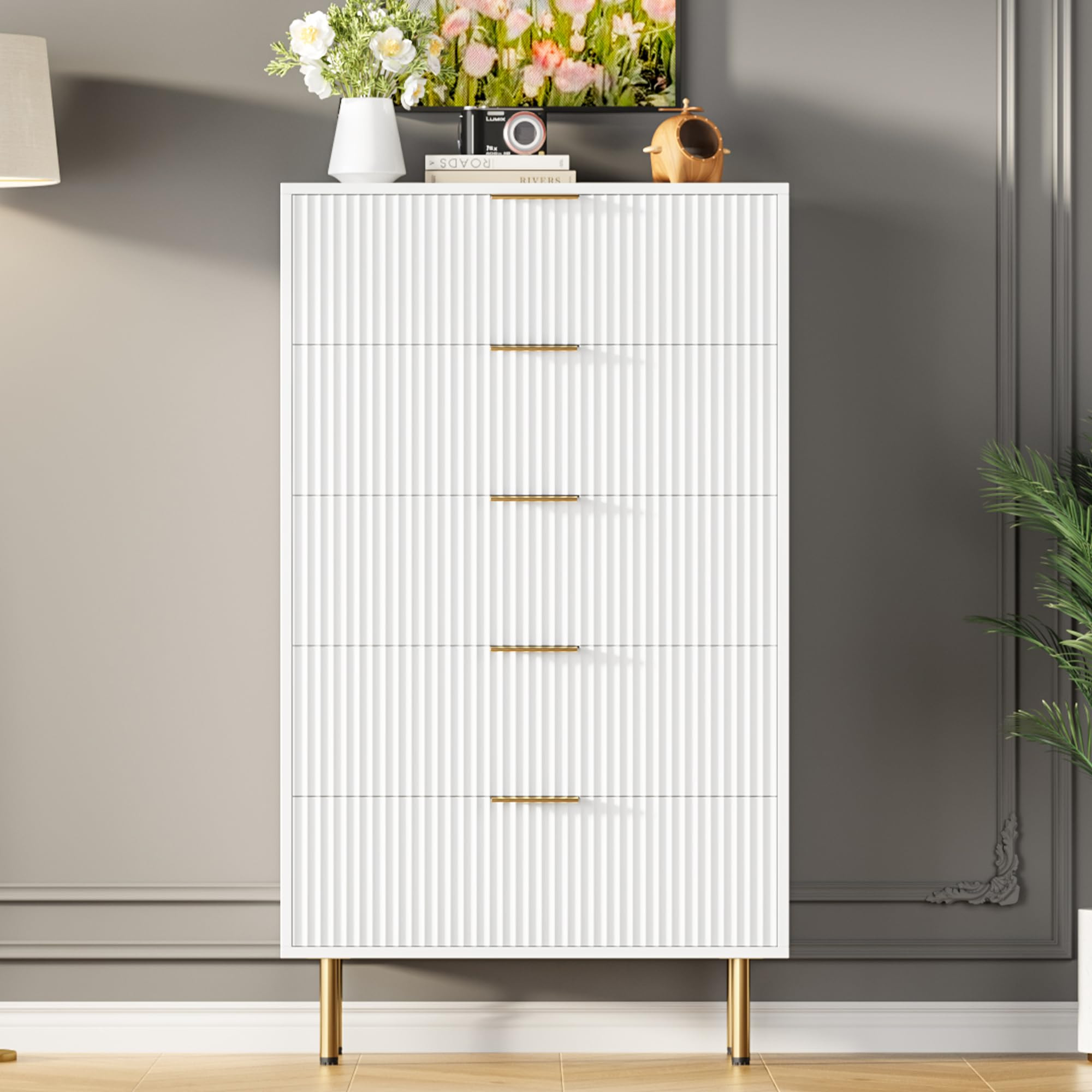 Fluted Wood Dresser 5 Drawers Dresser for Bedroom, Modern Chest of Drawers, Tall White Dresser wi... | Amazon (US)