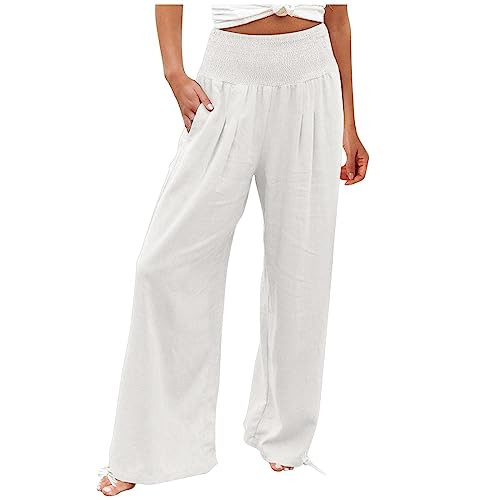 2025 Linen Wide Leg Pants Women Summer Casual Drawstring Elastic High Waist Trousers Resort Wear Beach Trendy Palazzo Pant | Amazon (US)