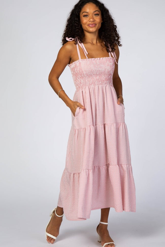 Pink Checkered Tiered Midi Dress | PinkBlush Maternity