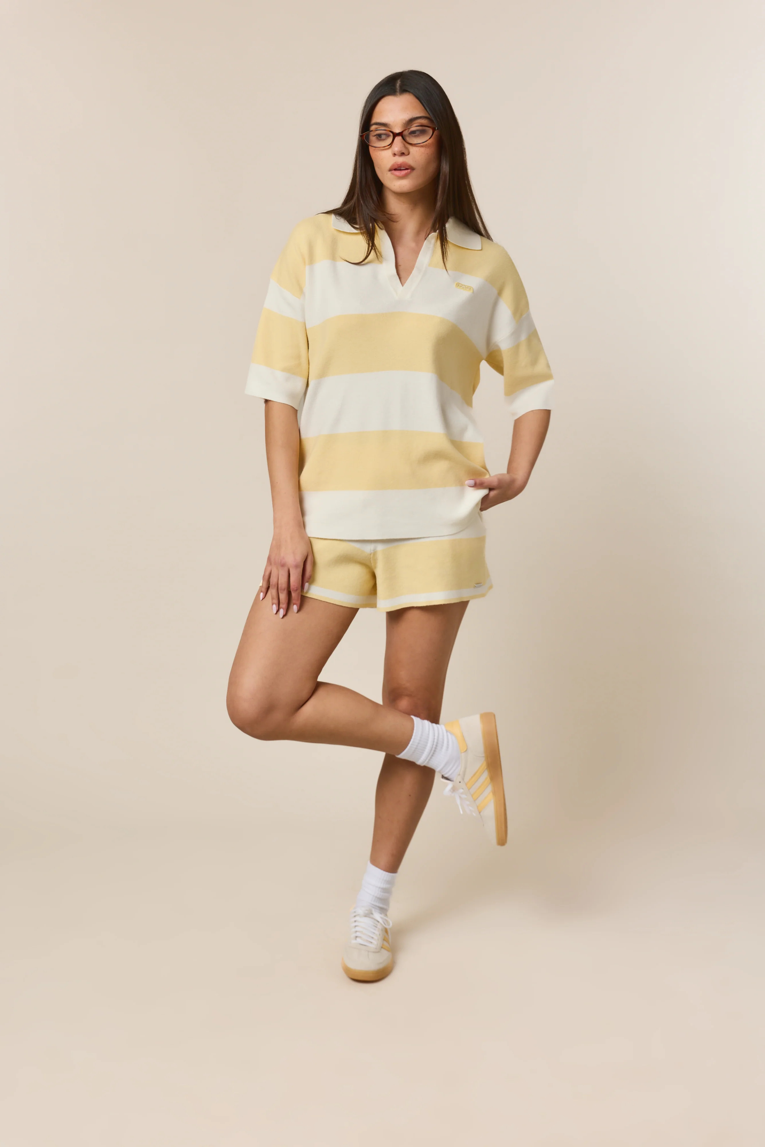 Stripe Knitted Collar Short Sleeve Top - Lemon Sorbet | Reasn