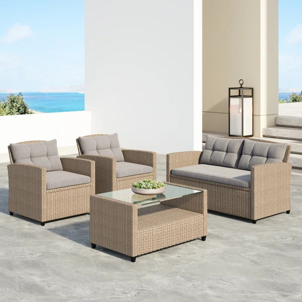 Roper 4 Piece Rattan Sofa Seating Group with Cushions | Wayfair North America