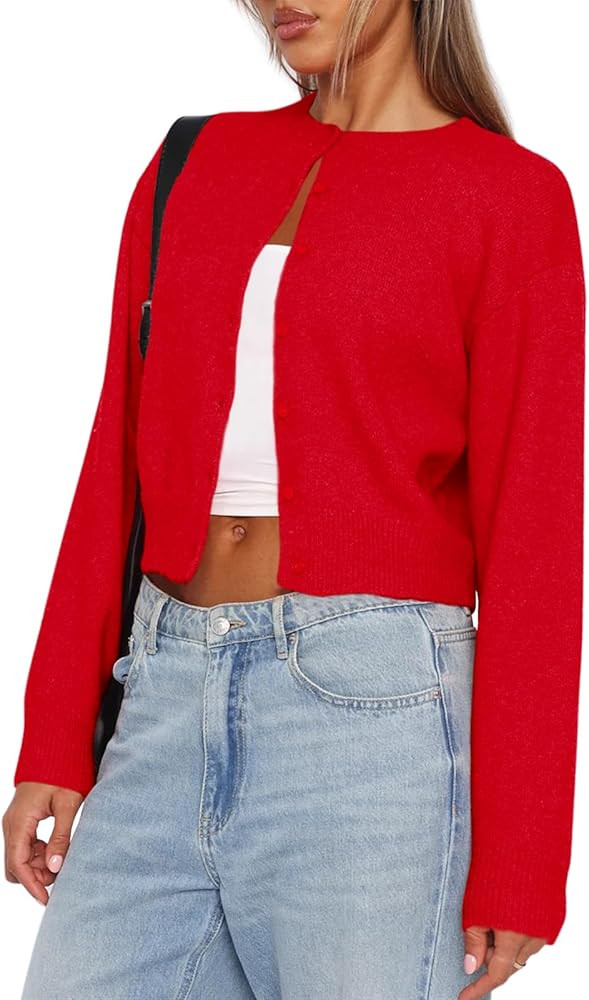 Balimtoy Women's Cropped Cardigan Sweaters Long Sleeve Button Down Sweaters Knit Cardigan Cute Y2... | Amazon (US)