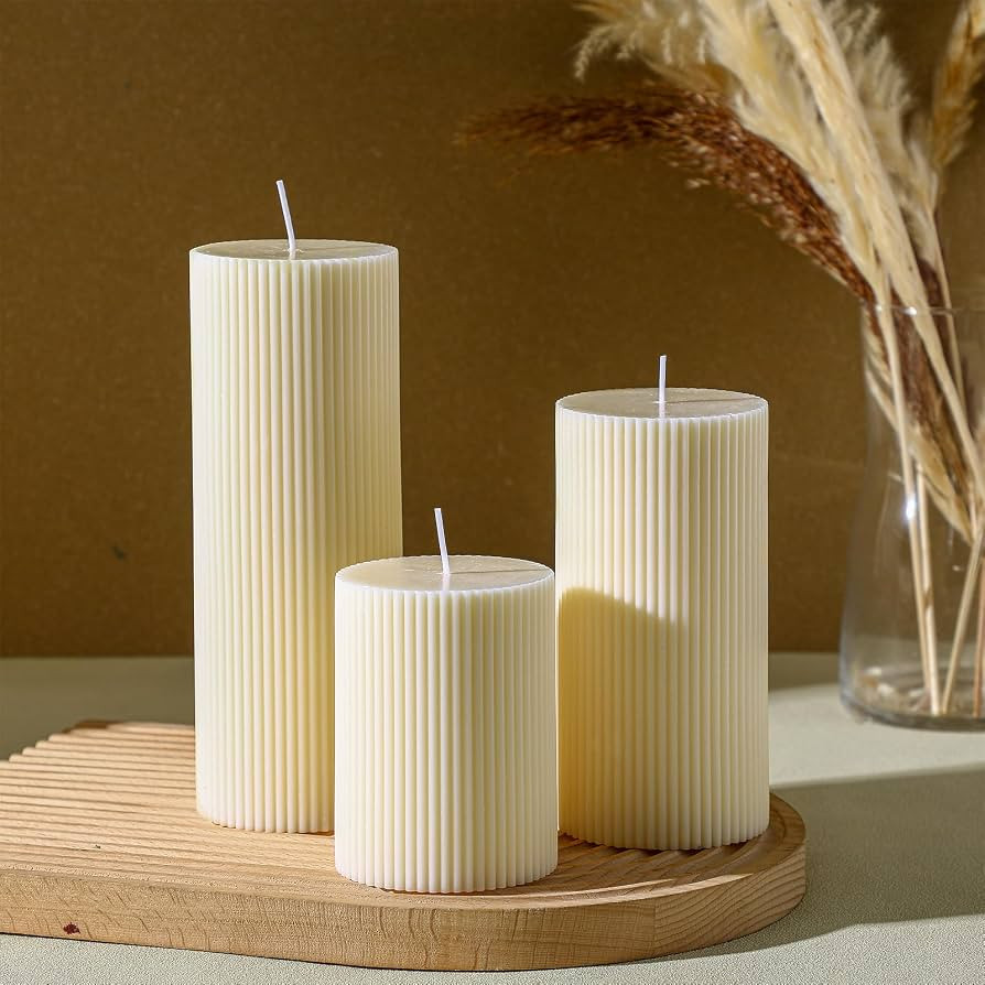 Ribbed Pillar Candles Set of 3, Width 3" High 4" 6" 8" Large Soy Wax Orchids Scented Pillar Candl... | Amazon (US)