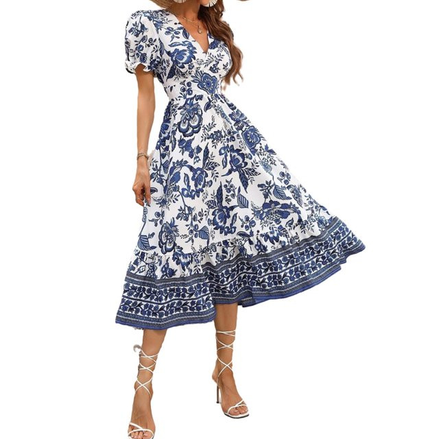 Womens A Line Dress All Over Print Ruffle Hem V neck Blue and White M | Walmart (US)
