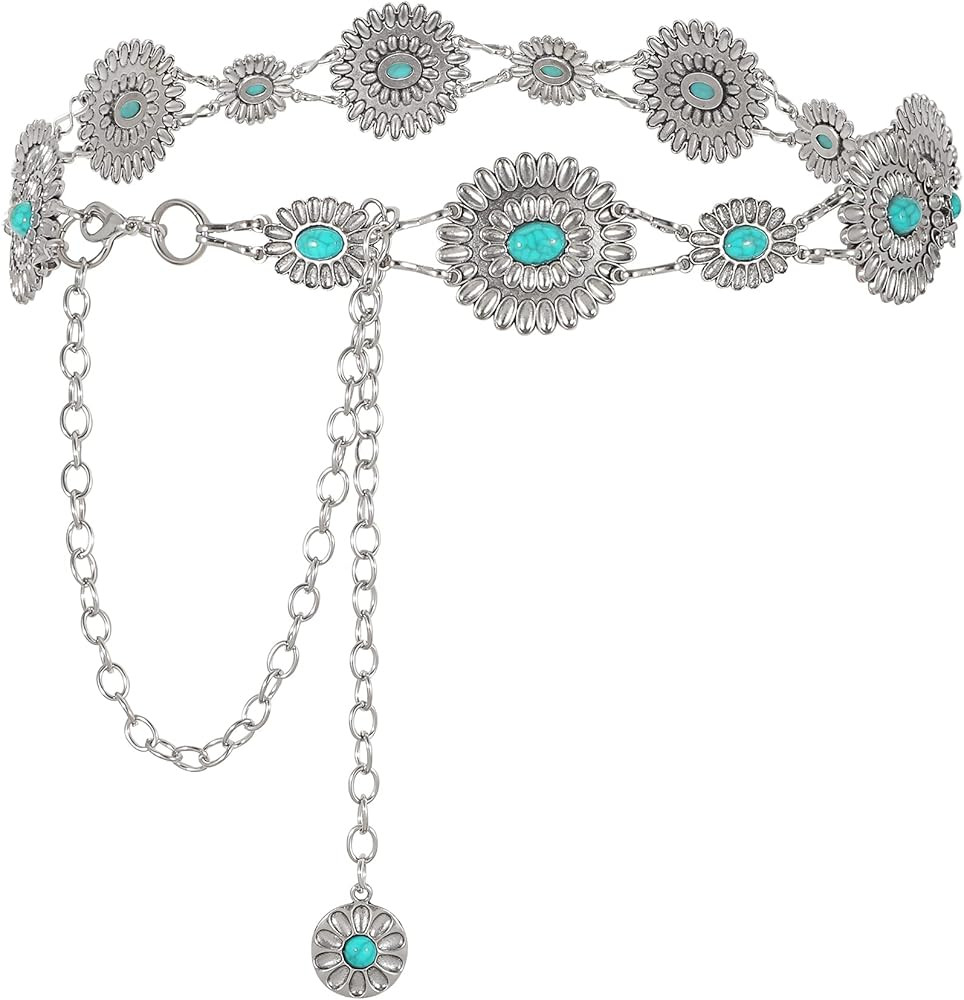 WHIPPY Women Concho Chain Belt Metal Link Western Cowgirl Turquoise Chain Belt for Dress | Amazon (US)